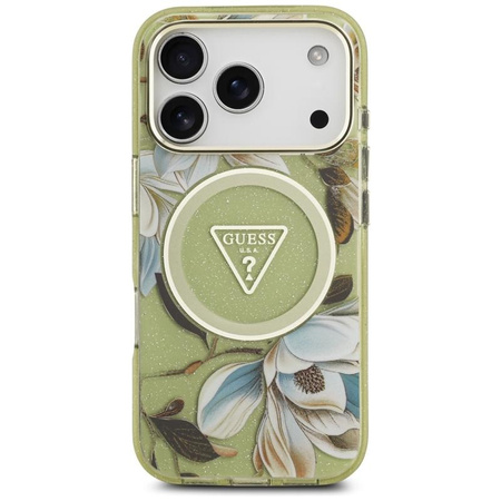 Guess IML Glitter Flowers Triangle MagSafe - Hülle iPhone 17 Pro (grün)