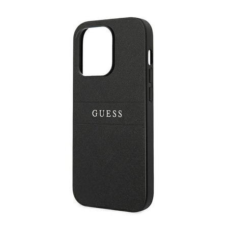 Guess Saffiano Metal Logo Stripes - Hülle für iPhone 14 Pro (Schwarz)