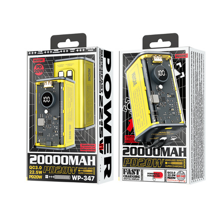 WEKOME WP-347 Vanguard Series - Power banka 20000 mAh Super rychlé nabíjení s vestavěným USB-C PD 20W a Lightning + USB-A QC3.0 22,5W kabelem (žlutá)
