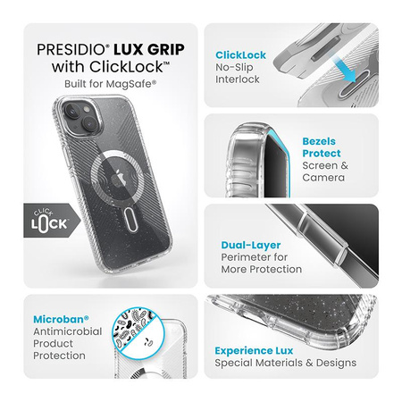 Speck Presidio Lux Grip ClickLock & Magsafe - pouzdro pro iPhone 15 Plus (čiré / chromované provedení / stříbrná barva)