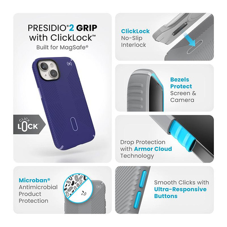 Speck Presidio2 Grip ClickLock & MagSafe - tok iPhone 15 / iPhone 14 / iPhone 13 (Future Blue/Purple Ink)