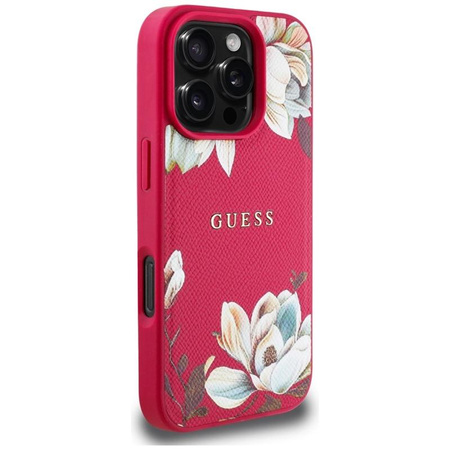 Guess Grained Printed Flower Pattern MagSafe - Pouzdro pro iPhone 16 Pro (fuchsiový)