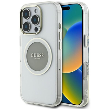 Guess IML Metallfarbener Kreis Klassisches Logo MagSafe - Gehäuse für iPhone 16 Pro (grau)