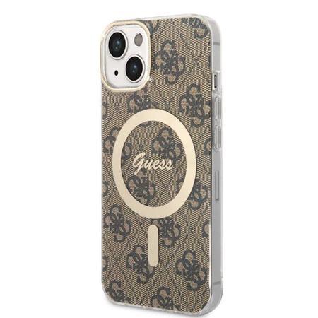 Guess Bundle Pack MagSafe 4G - Étui MagSafe pour iPhone 14 + chargeur (marron/doré)