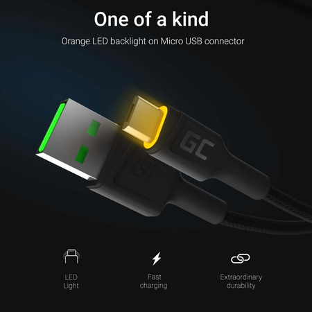 Green Cell Ray - USB - microUSB kabel 120 cm se žlutým LED podsvícením, rychlé nabíjení Ultra Charge, QC3.0