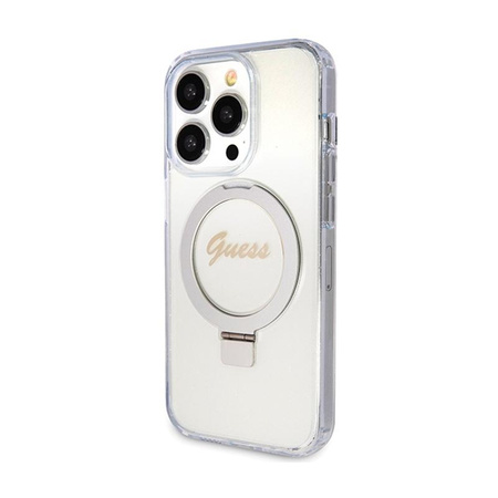 Guess Ring Stand Script Glitter MagSafe - Coque iPhone 15 Pro Max (Transparent)