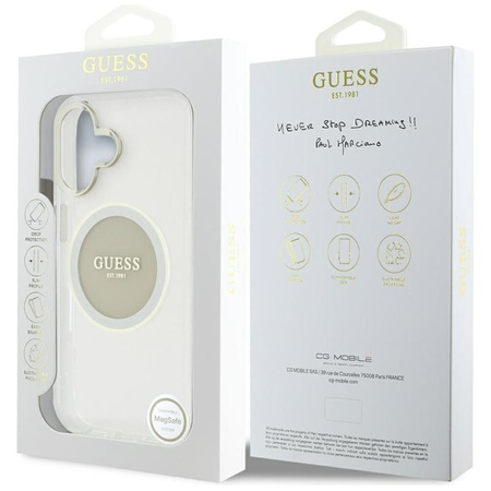Guess IML Metallfarbener Kreis Klassisches Logo MagSafe - Hülle für iPhone 16 (grau)