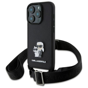 Karl Lagerfeld Saffiano Karl & Choupette Metal Pin CBDY Strap - Case for iPhone 16 Pro (black)