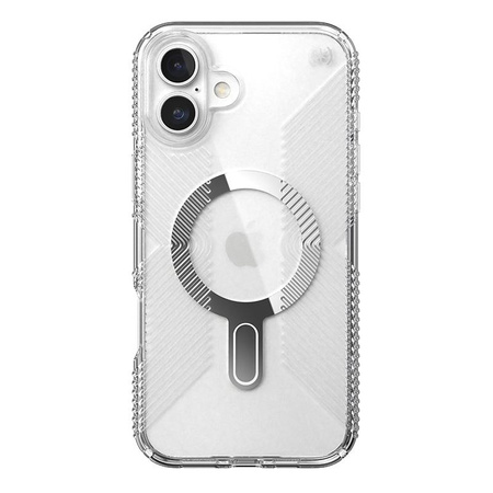 Speck Presidio Perfect-Clear Grip ClickLock e MagSafe - Custodia per iPhone 16 Plus (Trasparente / Finitura cromata / Argento Serene)