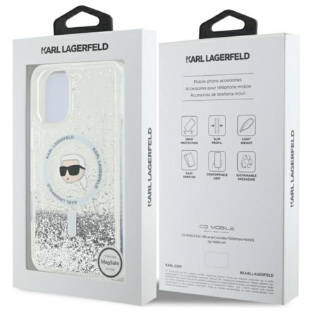 Karl Lagerfeld Liquid Glitter Karl Head MagSafe - pouzdro pro iPhone 16 Plus (průhledné)