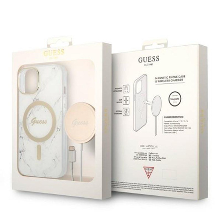 Guess Bundle Pack MagSafe IML Marble - Étui MagSafe pour iPhone 14 + chargeur (blanc/or)