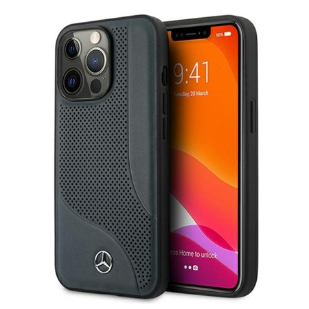 Étui en cuir Mercedes à surface perforée pour iPhone 13 Pro Max (bleu marine)