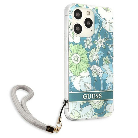 Guess Flower Cord - Etui avec dragonne iPhone 13 Pro Max (Vert)