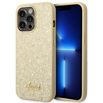 Guess Glitter Flakes Metal Logo Case - pouzdro pro iPhone 14 Pro Max (zlaté)