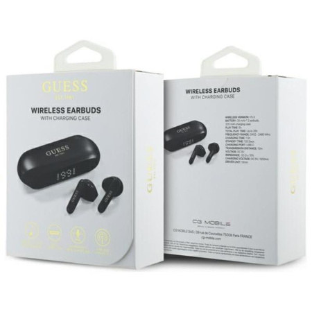 Podlouhlé kovové tištěné logo Guess - sluchátka Bluetooth TWS + nabíjecí pouzdro (černé)