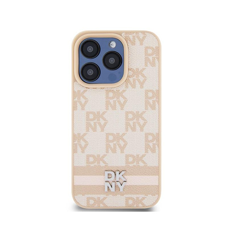 DKNY Leather Checkered Mono Pattern & Printed Stripes - Coque pour iPhone 15 Pro (rose)