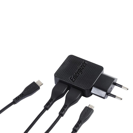 Energizer HardCase - Kompaktní síťová nabíječka 2x USB-A + USB-C a kabel Micro USB (černá) doživotní záruka
