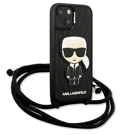 Karl Lagerfeld Leather Monogram Patch and Cord Iconik - Hülle für iPhone 13 mini (Schwarz)