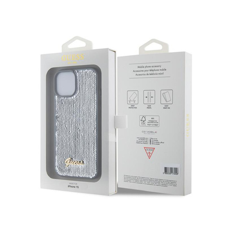 Guess Paillettenschrift Metall - iPhone 15 Tasche (silber)