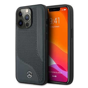 Kožené perforované pouzdro Mercedes - iPhone 13 Pro Max (tmavě modré)