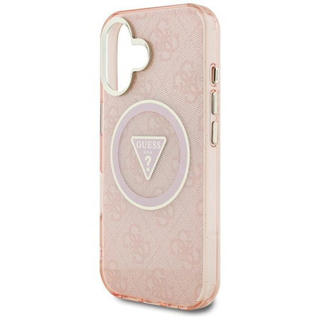 Guess IML Metal Glitter 4G Circle Triangle MagSafe - Coque pour iPhone 16 (rose)