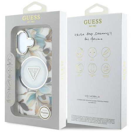 Guess Glitter Flowers Triangle Buttons MagSafe - Tasche für iPhone 16 (weiß)