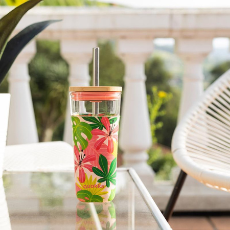 Quokka Liquid Cube - Mug en verre de 540 ml avec paille en acier inoxydable (Pink Jungle)