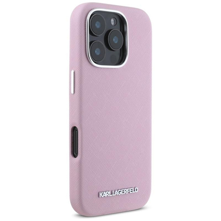 Karl Lagerfeld Saffiano Full Wrapped Elongated Metal Logo MagSafe - Hülle für iPhone 16 Pro Max (rosa)