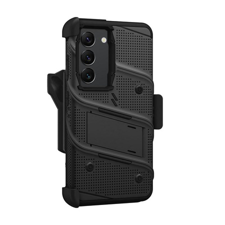 ZIZO BOLT sorozat - Samsung Galaxy S23 páncélozott tok 9H üveggel a képernyőhöz + tartó állvánnyal (fekete)