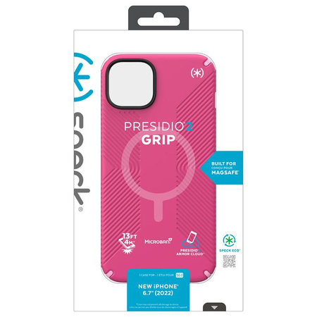 Speck Presidio2 Grip + MagSafe - Tasche für iPhone 14 Plus mit MICROBAN-Beschichtung (Digitalpink / Blossompink / Weiß)