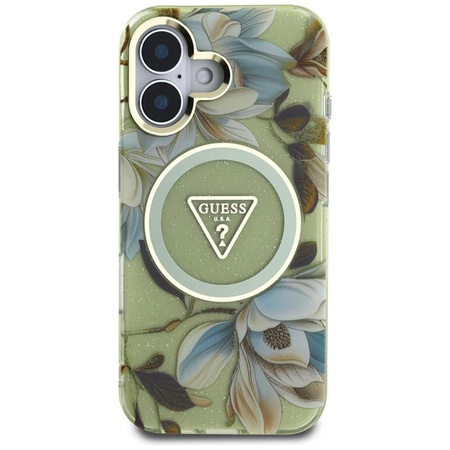 Guess Glitter Flowers Triangle Buttons MagSafe - Pouzdro pro iPhone 16 (zelený)
