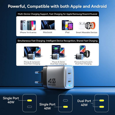 WEKOME WP-U02 Mecha Series - 2x USB-C Super Fast Charger GaN 40W mains charger (Silver)