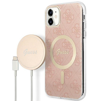Guess Bundle Pack MagSafe 4G - Zestaw etui + ładowarka MagSafe iPhone 11 (różowy/złoty)