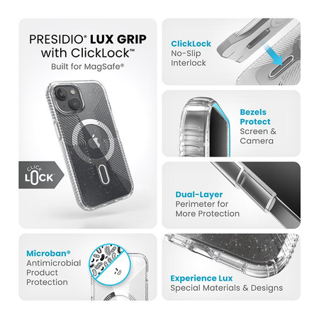 Speck Presidio Lux Grip ClickLock & MagSafe - Hülle für iPhone 16e / iPhone 15 / iPhone 14 / iPhone 13 (Transparent / Platinglitzer / Chrom-Finish / Serene Silv