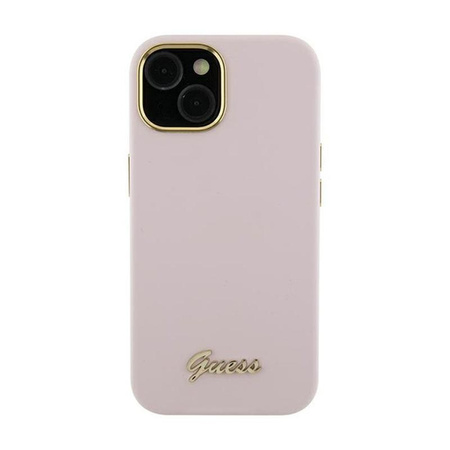 Guess Silicone Script Metal Logo & Frame - pouzdro pro iPhone 15 Pro (růžové)