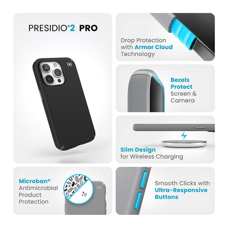 Speck Presidio2 Pro - Coque pour iPhone 15 Pro (Noir / Gris ardoise / Blanc)