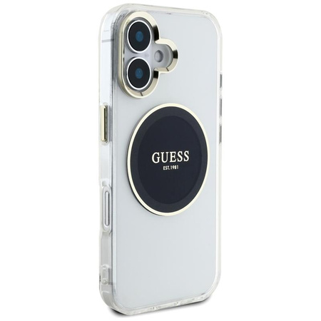 Guess IML Metallfarbener Kreis Klassisches Logo MagSafe - Hülle für iPhone 16 (schwarz)