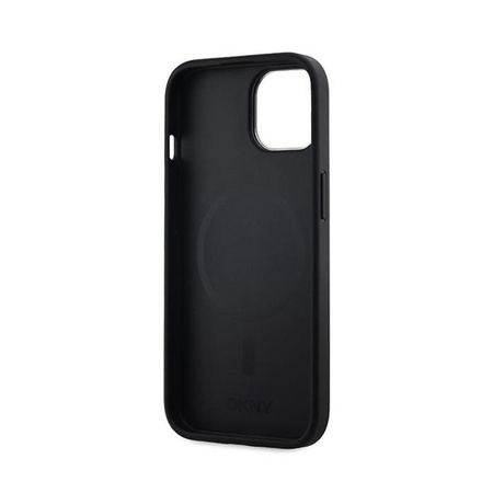 DKNY Kožené pouzdro MagSafe - iPhone 14 / 15 / 13 s kostkovaným jednobarevným vzorem (černé)