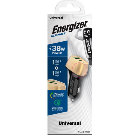 Ładowarka Samochodowa USB C + USB A Energizer 38W PD + QC3.0 Czarno-Złota