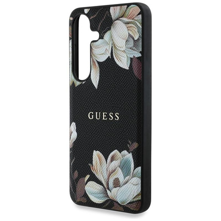Guess Grained Flower Pattern MagSafe - étui pour Samsung Galaxy S25 (noir)