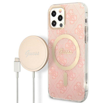 Guess Bundle Pack MagSafe 4G - Set of case for iPhone 12 / iPhone 12 Pro + MagSafe charger (Pink/Gold)