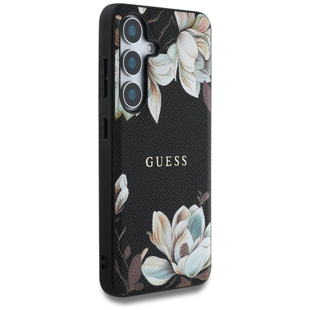Guess Grained Flower Pattern MagSafe - étui pour Samsung Galaxy S25 (noir)