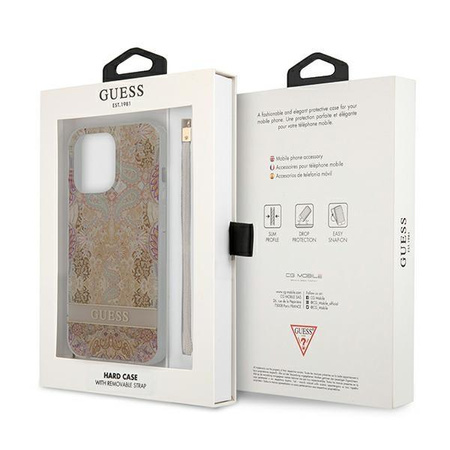 Guess Flower Cord - Tasche mit Schlüsselband iPhone 13 Pro Max (Gold)
