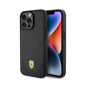 Ferrari Carbon Metal Logo MagSafe - Schutzhülle für iPhone 15 Pro Max (Schwarz)
