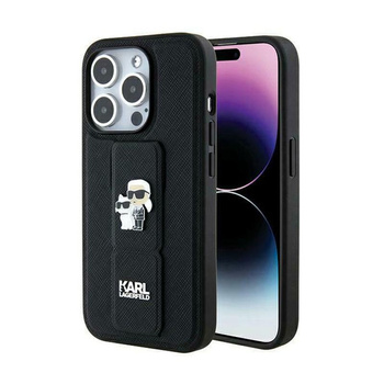 Karl Lagerfeld Gripstand Saffiano Karl & Choupette Pins - pouzdro na iPhone 14 Pro (černé)