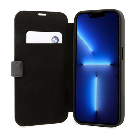 BMW Booktype Leder strukturiert & gestreift - iPhone 14 Pro Max Tasche (schwarz)