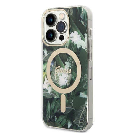 Guess Bundle Pack MagSafe IML Jungle - MagSafe iPhone 14 Pro Max Tasche + Ladegerät-Set (khaki/gold)