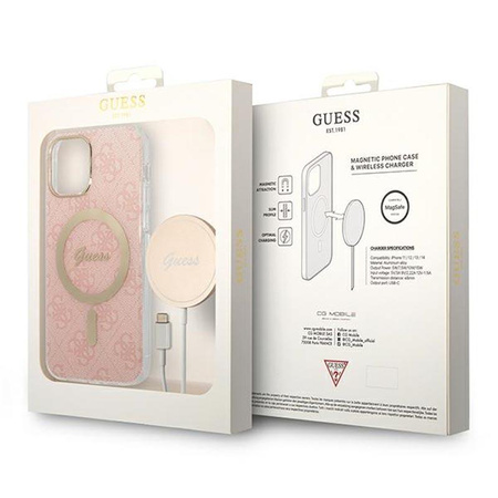 Guess Bundle Pack MagSafe 4G - Set aus hülle für iPhone 12 / iPhone 12 Pro + MagSafe Ladegerät (Pink/Gold)