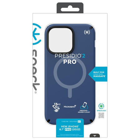 Speck Presidio2 Pro MagSafe - Coque antibactérienne pour iPhone 14 Pro Max (Bleu côtier / Noir / Blanc)
