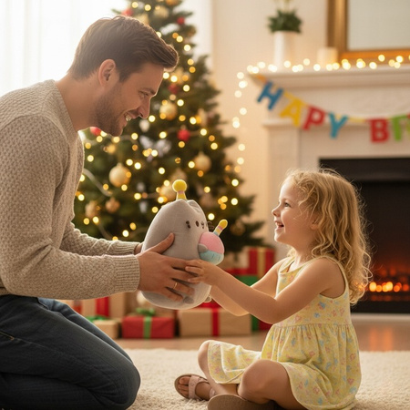 Pusheen - Plüss kabalafigura születésnapi sapkával és tortával 24 cm